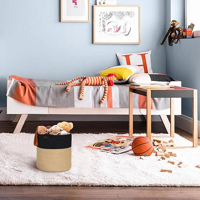 Wicker Plant Basket Indoor, 8"x8"x8" Jute Spliced Cotton Rope Basket Planter up to 7" Pot, Modern Woven Flower Tree Pots Cover, Small Floor Indoor Planters, Home Decor Storage Bin
