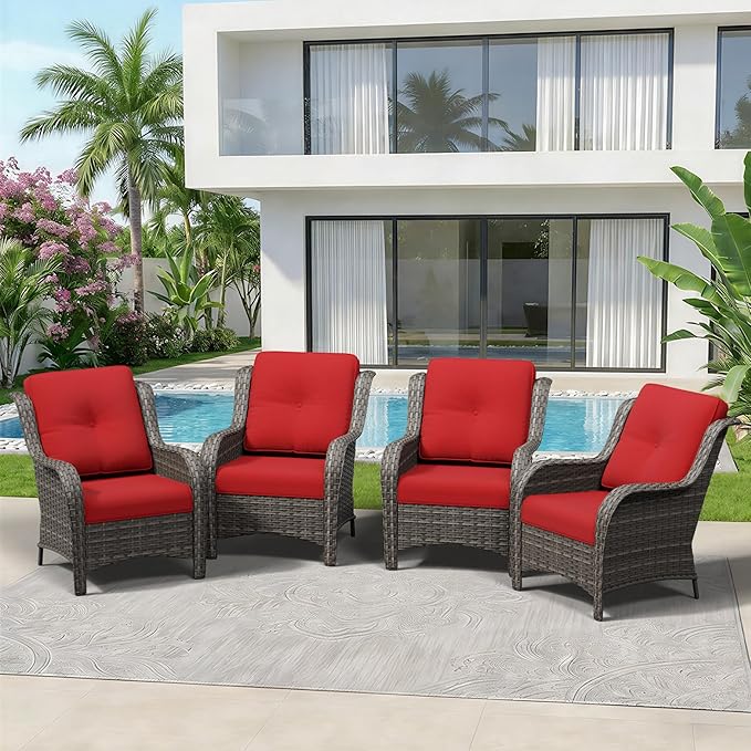 4 Piece Outdoor Wicker Patio Furniture Set, Patio Chairs Set of 4 with Thickened Olefin Cushions, High Back and Deep Seating, Hand-Woven PE Rattan for Porch, Deck, Red