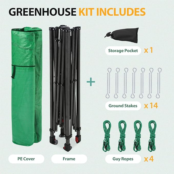 EAGLE PEAK Instant Pop-up Greenhouse, Indoor Outdoor Plant Gardening Green House, Roll-Up Zipper Doors and Side Windows, Walk in 8x6 ft, PE Cover, Green/Clear