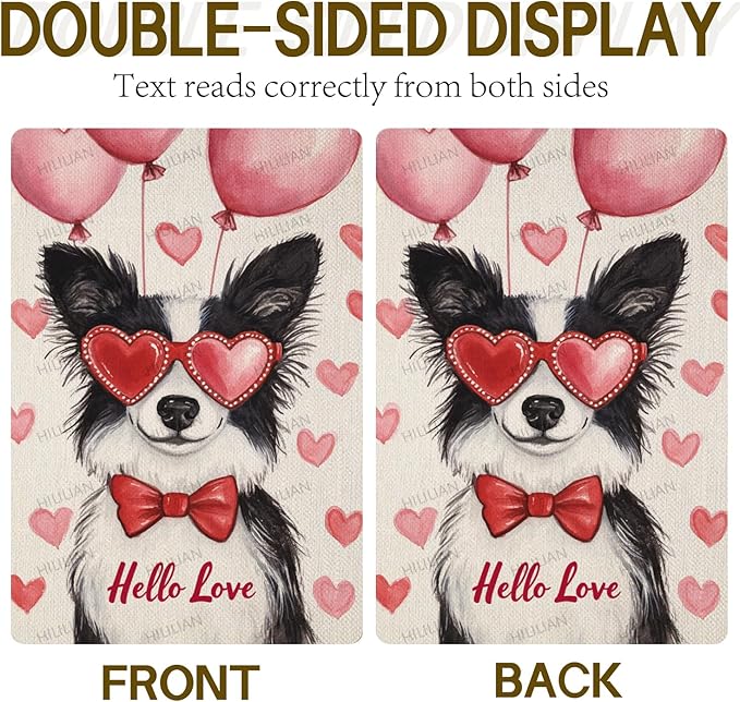 Valentine's Day Shetland-Sheep-Dog Hello Love Garden Flag, House Yard Plaid Love Heart Outside Decoration, Spring Holiday Wedding Anniversary Outdoor Small Decor 12x18(12639)