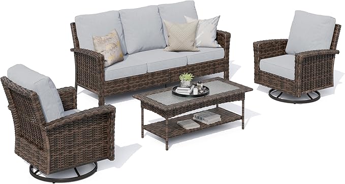 HERA'S HOUSE Gray Patio Furniture Set with High Back Swivel Chairs, Comfy Outdoor Wicker Conversation Sofa Sets with 5.5" Waterproof Cushions for Deck Lawn Backyard