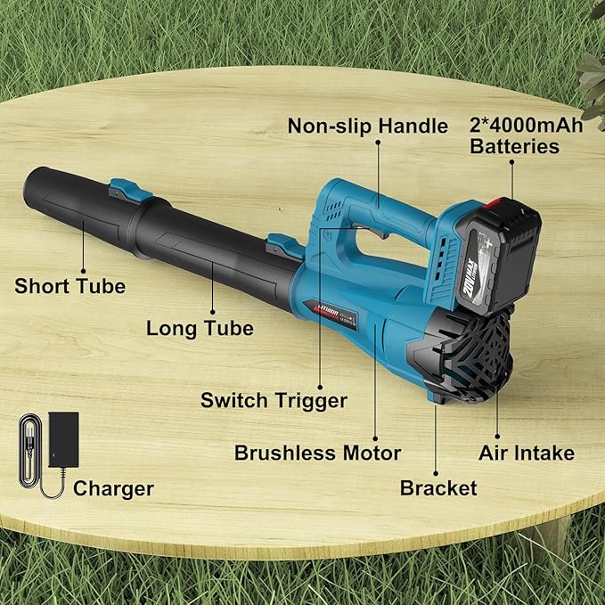 Leaf Blower Cordless with 2 x 4.0 Ah Battery and Charger, 160MPH/580CFM High Power Lightweight Handheld Electric Snow Blower with 2 Extended Tubes for Lawn, Yard, Leaves, Dust, Snow Care (Blue)