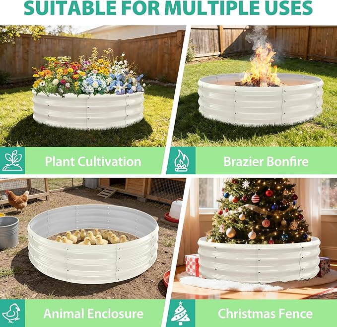 4FT Diameter Galvanized Garden Raised Bed/Plant Box/Fire Pit Ring - 0.8mm Thick,12 Inch Tall,Perfect for Planting a Variety of Flowers,Herbs,Vegetables (Cream White, 48 Dia X 12inches)