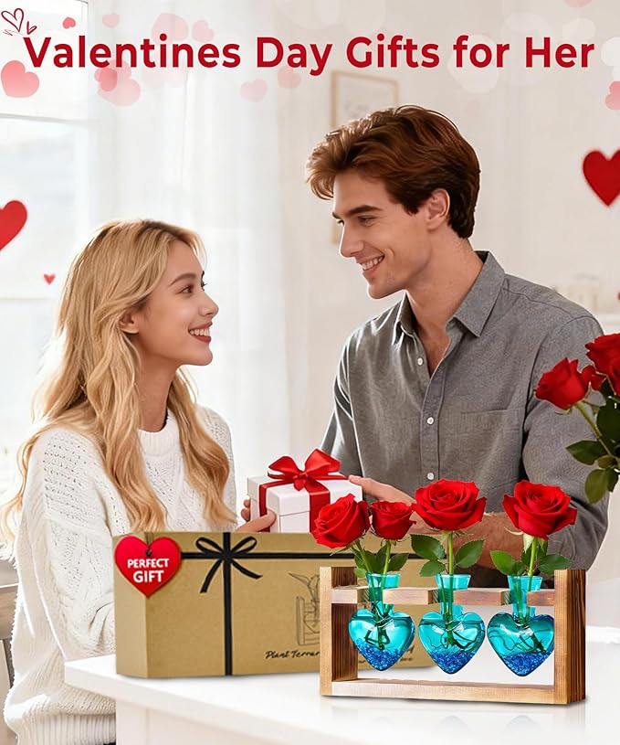 Nacome Plant Terrarium Propagation Stations: Valentines Day Gifts for Her Plant Lovers Women Mom Wife Daughter - 3 Bulb Glass Vase with Wooden Stand Tabletop for Hydroponics Indoor Office Home Decor