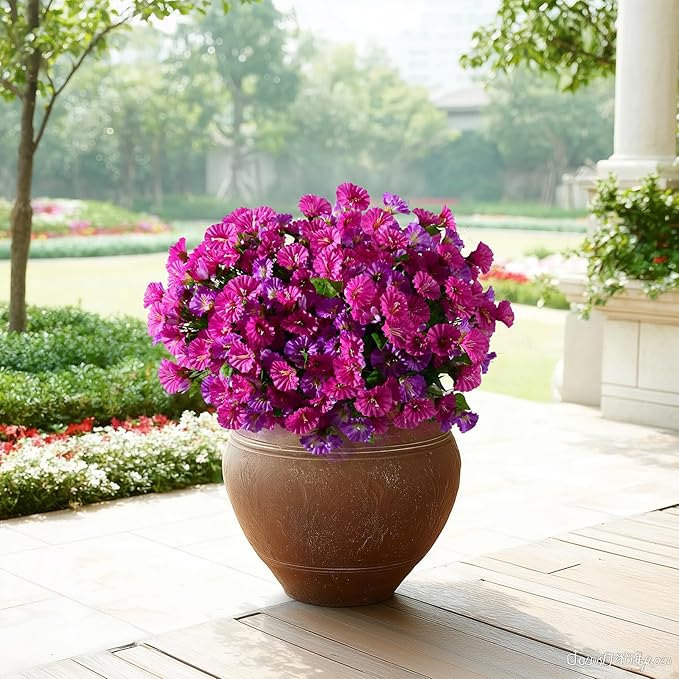 Artificial Morning Glory Flowers Plants for Outdoor 8 Pcs Faux Silk Petunias Flower Realistic Faux Flowers Plants for Outside Planter Porch Yard Patio Balcony Home Indoor Decor (8 Pcs Fuchsia+Purple)