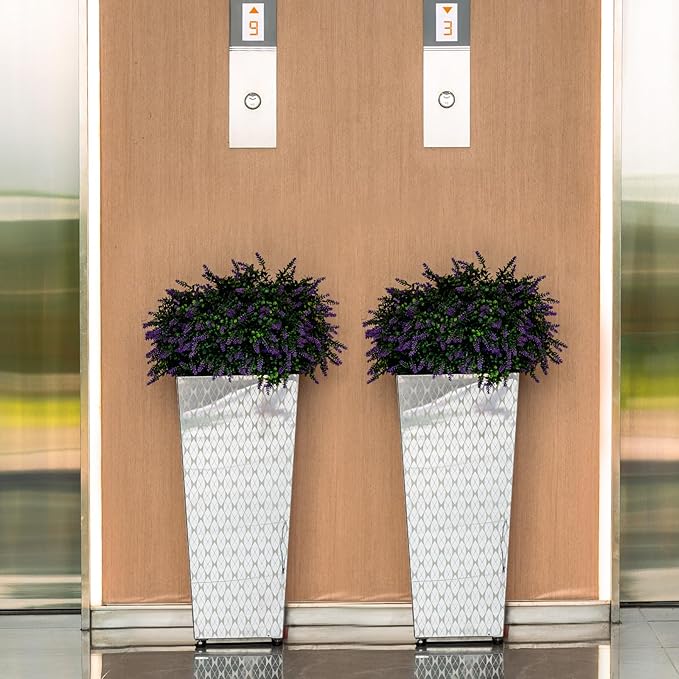 CYC Luxury Stainless Steel Sliver Taper Tall Planter Box Set of 2 with Mirror Etching No Coating 24”H Top 11” Bottom 8”, Decrative Pot Indoor, Modern Décor for Home,Office,Tall Plants,Trees,Flowers