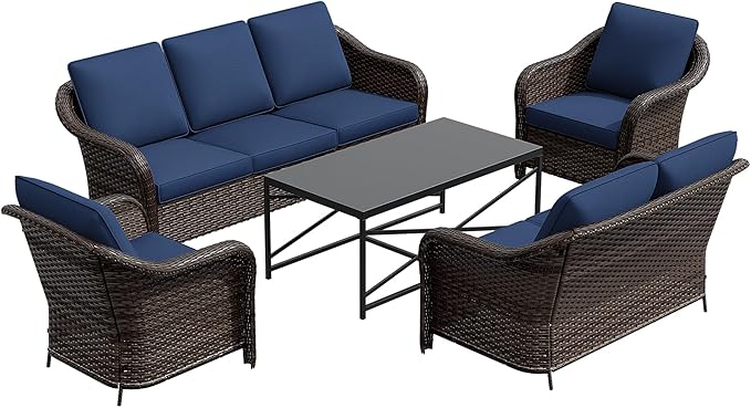 5 Pieces Outdoor Patio Rattan Conversation Furniture Set with Cushions, 78" 3-Seat Wicker Sofa, 55" 2-Seat Couch, 2 Armchairs, Metal Coffee Table for Garden (Navy Blue)