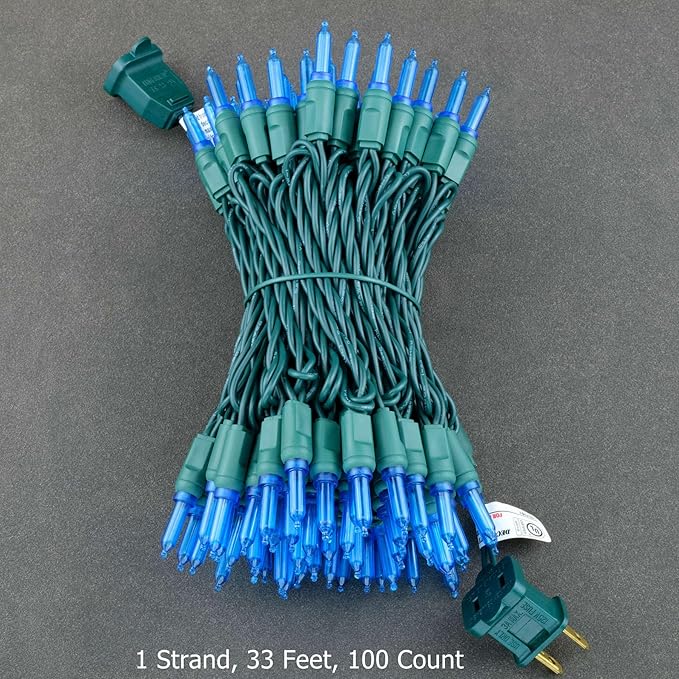 YULETIME 100 Blue One-Piece T5 LED Christmas Lights, 33 ft High Waterproof UL Certified Green Wire String Lights (Blue)