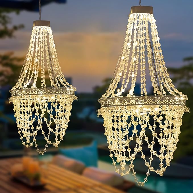Solar Hanging Acrylic Crystal Chandelier Outdoor Garden Decorative Lights Powerful Lithium Battery 54 Warm LEDs Easy Hanging Waterproof Outdoor Lantern for Valentine Garden Gazebo, Party, Wedding,Tree