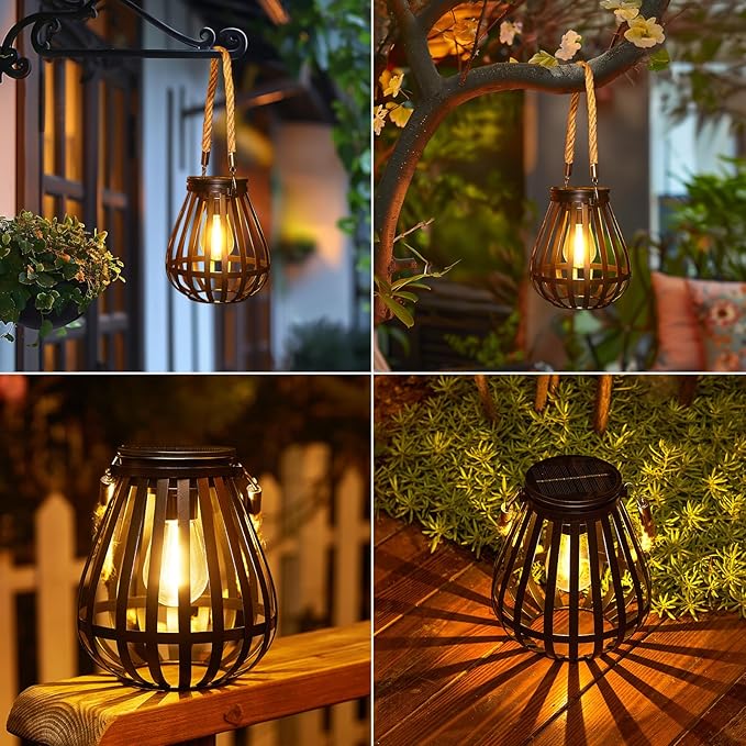 Solar Lanterns Outdoor Waterproof: Metal Hanging Lights for Outside with Rope for Garden, Yard, Patio, Porch, Balcony Decorations, Bright Hanging Solar Lantern Outdoor Decor Gifts for Women