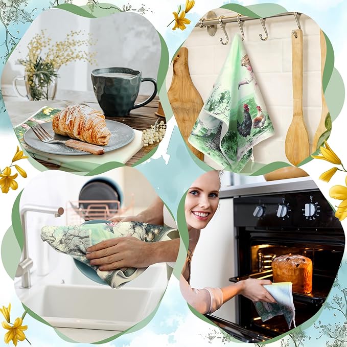 Bencailor 16 Pcs Spring Easter Kitchen Towels Bulk Bunny Chicken Dish Hand Towels Ultrafine Fiber Absorbent Vintage Rustic Tea Cloths for Spring Easter Kitchen Bathroom Decor Gifts, 16 x 24 Inch