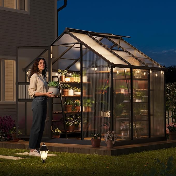 6x6 FT Outdoor Walk-in Greenhouse,All-Season Polycarbonate Garden Greenhouse with Reinforced Aluminum Frame, Roof Vent, Lockable Door & Easy Setup – Includes Ground Nails & Drainage(Black)