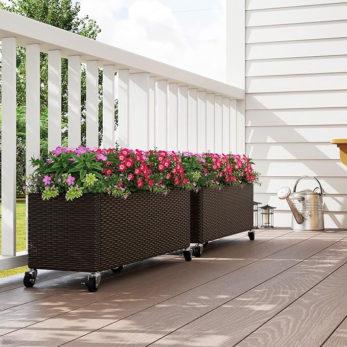HAPPYGRILL Raised Garden Bed, All-Weather PE Rattan Elevated Planter Box w/Lockable Wheels, Liner for Growing Vegetables Flowers Herbs, Indoor Outdoor Wicker Rolling Gardening Box for Yard Patio (1)