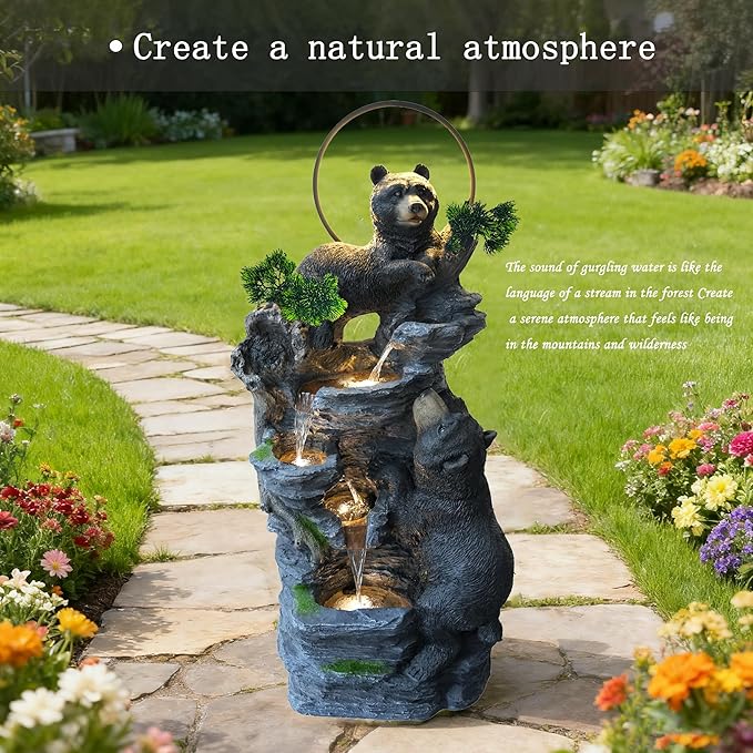 38.2" H Bear Outdoor Fountain with LED Lights and Five Tiered Waterfall Water Features,Suitable for Courtyard,Gardenand Indoor Decoration