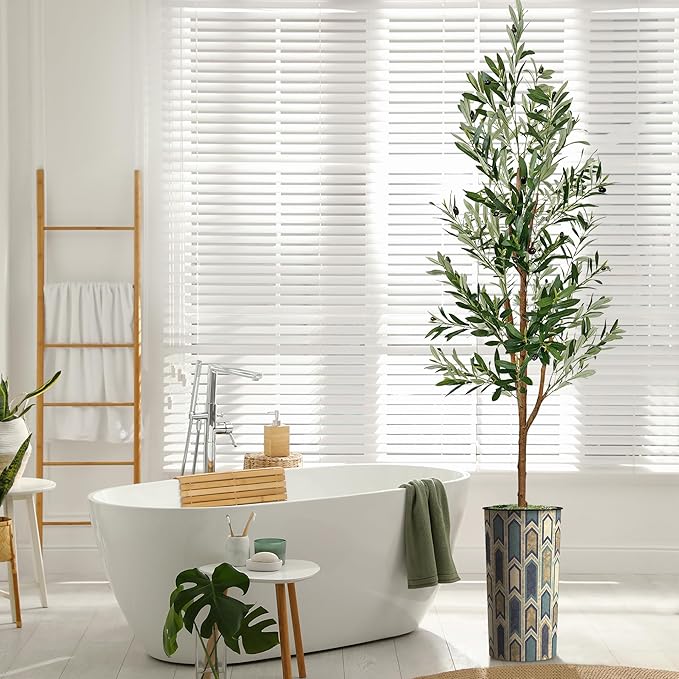 Artificial Tree in Modern Polygon Pattern Effect Planter, Fake Olive Silk Tree for Indoor and Outdoor Home Decoration - 68" Overall Tall (Plant Pot Plus Tree)
