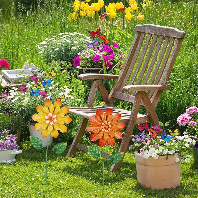 YEAHOME Garden Decor for Outside, Set of 2 Metal Flowers 23.6” Decorative Garden Stakes for Spring Decor, Yard Art Flower Stakes for Outdoor Lawn Backyard Porch Garden Decorations (Orange, Yellow)