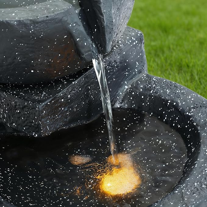 29" H Terrazzo Style Outdoor Water Fountain, 4-Tier Cascading Bowls with Stacked Stone Design and LED Lights, Freestanding Resin Water Feature for Garden Patio Porch