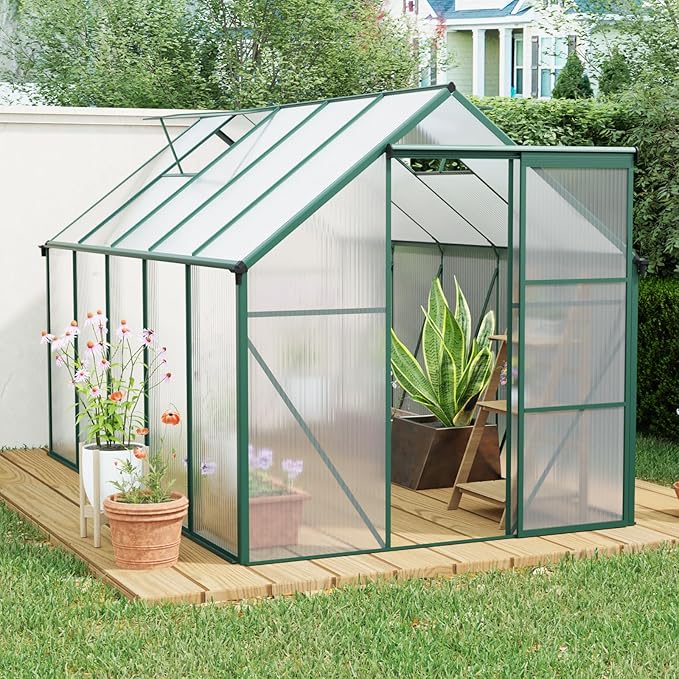 6×10 FT Polycarbonate Greenhouse for Outdoors with Raised Base & Anchor, Heavy-Duty Walk-in Aluminum Green House Kit with Sliding Door & Roof Vent, Outdoor Greenhouse for Backyard Garden, Green