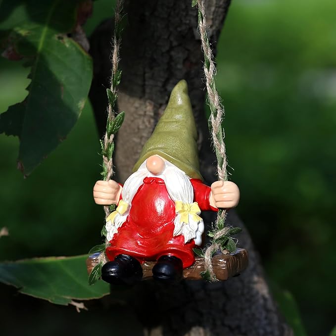 Garden Female Gnome on Swing Statue Decoration Figurine Ornament for Indoor Outdoor Home Patio Yard Lawn,Gift for Mom