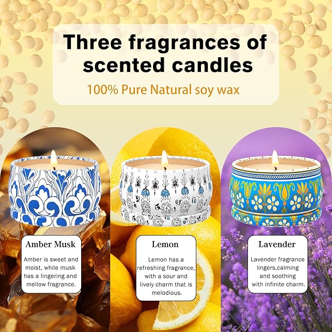 Scented Candles Gift Set, 3 Pack Candles for Home Scented, Long Lasting Soy Wax Aromatherapy Candle Set, Gifts for Women with Gift Box, Baby Shower Prizes, Lemon.Lavender.Amber Musk