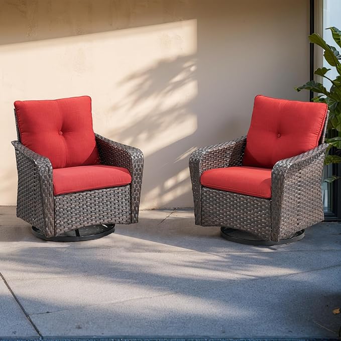 Rilyson Outdoor Patio Swivel Rocker Chairs - 4 PC Wicker Rattan Patio Rocking Glider Chair Set with High Back,Comfy Cushions and Deep Seating for Porch Deck Backyard Garden(Brown/Red)