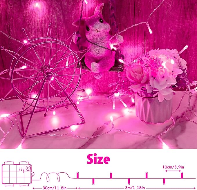 String Lights Outdoor Waterproof 9.8ft 30 LED, Pink Fairy Lights Battery Operated with Timer Clear Wire for Indoor & Outdoor Christmas Valentine's Day Decorations Garland Party Garden