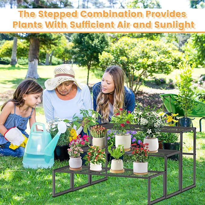 Gouisalin 3 Tier Metal Plant Stand Indoor Outdoor, Potted Multiple Flower Pot Holder Rack Plant Shelf, Heavy Duty Planter Display Shelving for Patio Balcony Garden Living Room Decorative (3 Tier- Black)