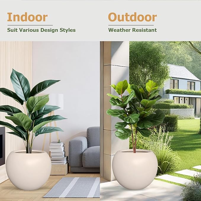 KUTE NEST 16āH x 20āD Globo Fiberstone Round Planter with Drainage Hole, Smooth Finishes, Weather Resistant for Indoor and Outdoor Use, Included 2 Extra Coco Mats (Kilim Beige, 13.5ā Pot Opening)