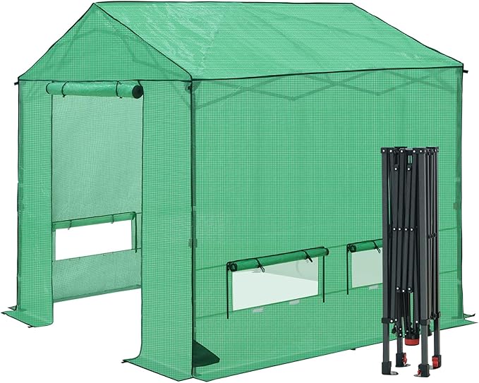 COOS BAY 8x8 FT Pop up Greenhouse Outdoor, Walk in Green House with Power Access Openings, Zippered Doors & Windows, Durable PE Cover, Green