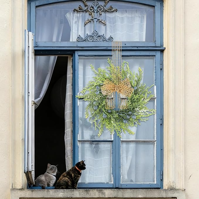 4 PCS Small Winter Blue Berry Cabinet Wreath Artificial Mini Kitchen Wreaths Vintage Swags Wreath with Retro Burlap Ribbon for Farmhouse Rustic Home Front Door Window Pillar Wedding Chair Wall
