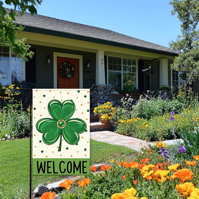 St Patricks Day Welcome Garden Flag 12x18 Inch Double Sided,Shamrock Outdoor Irish Decor House Porch Flag for St Patrick's Day Party and Yard Decorations