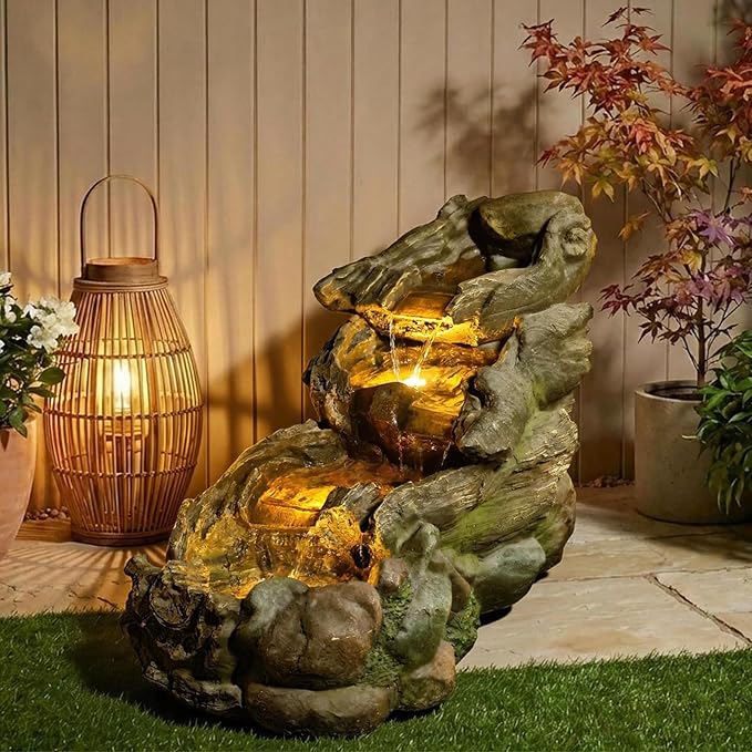37" L Outdoor Water Fountain with 3 Tiers Cascading Realistic Tree Trunk Waterfall Fountains with LED Lights Outdoor Water Fountain for Garden Patio Backyard Porch Home Decor