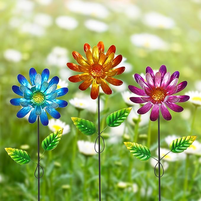 Voltogar Metal Flower Garden Stake for Outside, 3 Pcs 16" H Outdoor Garden Stakes Decor, Yard Outdoor Ornaments for Patio, Lawn, Patio(Yellow & Purple & Blue)
