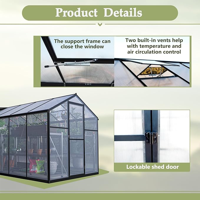 Favfurish 6x12 FT Greenhouses for Outdoors,Heavy Duty Polycarbonate Greenhouse,Lockable Walk-in Green House Sunroom w/ Roof Vent,Aluminum Hot House for Garden Plants Backyard Patio,Black