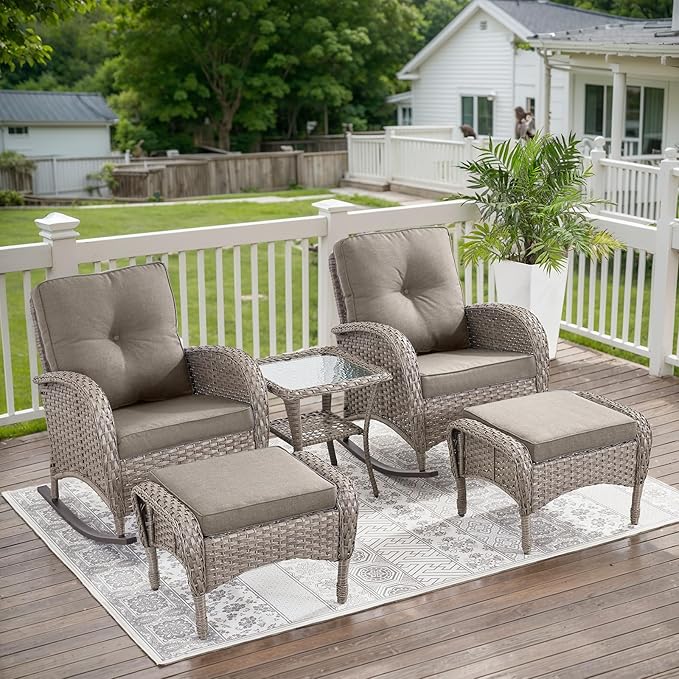 Belord Patio Rocking Chairs Wicker Set - Outdoor Rocking Chairs Set of 2 with Side Table, 3 Piece Patio Rocker Furniture Set with Water-Resistant Cushions for Porch Balcony Backyard