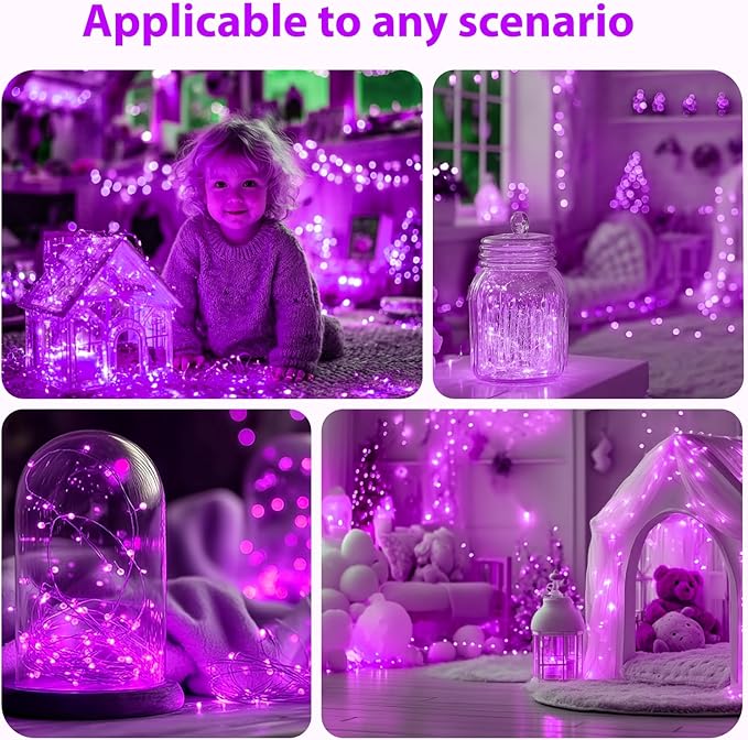 HXWEIYE Rechargeable Fairy Lights with Remote & DIY Timer, 33ft 100LED Battery Operated Twinkle String Lights, 8 Modes Decor Light for Bedroom Indoor Wedding Dorm Christmas Tree Party (Purple)