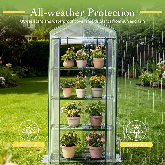 Mini Greenhouse for Outdoor Indoor, 4 Tier Shelves Small Green House for Winter, Portable Greenhouses with PE-Coated Metal Frame Heavy Duty PVC Cover, Plant Rack Stand House 2.3x1.6x5.2ft