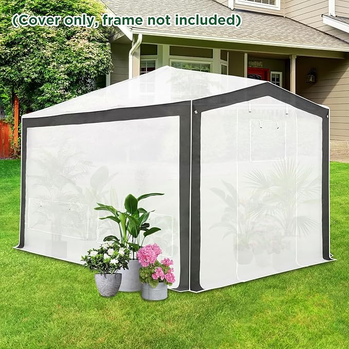 EAGLE PEAK Replacement Cover for 12x8 Pop up Greenhouse with Polyester Reinforced Corners, Front and Rear Roll-Up Zipper Entry Doors and 4 Roll-Up Side Windows (Frame Not Included), Gray/White