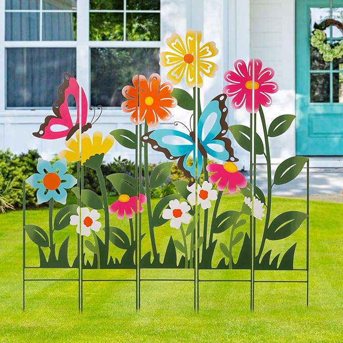 Glitzhome 40" Height Decorative Garden Stakes, 5 Pieces Metal Flowers & Butterfly Outdoor Stakes Decor, Spring Summer Garden Colorful Ornaments Yard Art Sign for Outside Lawn Backyard Patio Decor