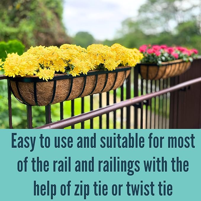 LaLaGreen Railing Planters Box (36", 4 Pack) Black Metal Rectangular Window Flower Box with Coco Liner, Extra Large Wall Hanging Planter for Outdoor Plants Deck Rail Fence Bracket Balcony Porch Decor