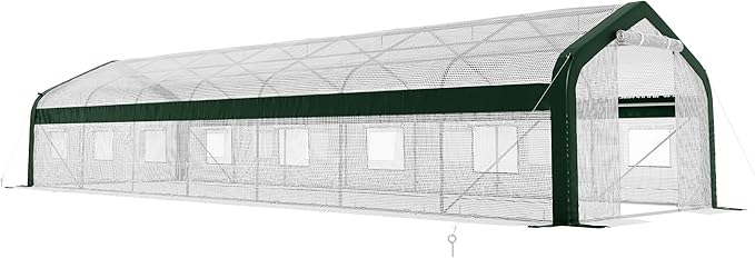 AMERLIFE 34x10x7 FT Large Walk-in Tunnel Greenhouse for Outdoors with Watering System 2 Zipper Rolling Doors, Heavy Duty Greenhouse Upgraded Galvanized Steel Frame 14 Windows, White/Green