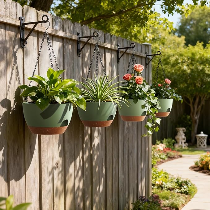 UOUZ 4 Pack 8 Inch Self Watering Hanging Planters for Indoor Outdoor Plants,Hanging Pots for Plants with Drainage Removable Tray, Hanging Baskets Flower Pots for Pothos Spider Garden Green with Brown