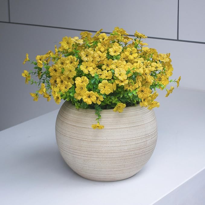 HIFORESTAR Yellow Artificial Outdoor Flowers 12 Bundles Fake Daisy Faux Mums Fall Plants Cheerful Weatherproof Floral Arrangements Decoration for Outside Landscaping Decor (Yellow Daisy)