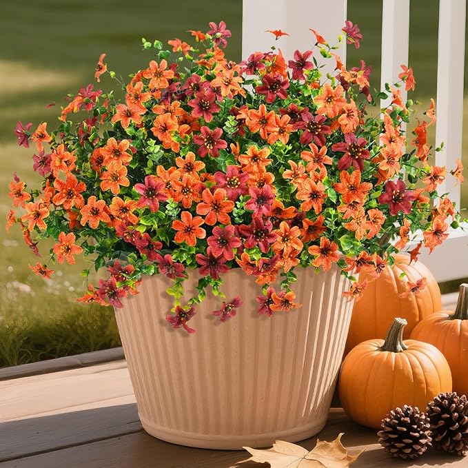 Homsunny Artificial Flowers for Outdoors Fake Plants Spring Home Decoration, 12 Bundles Realistic Faux Flower Daisy with Eucalyptus Stem UV Resistant for Patio Planter Porch Yard(Orange Brown)