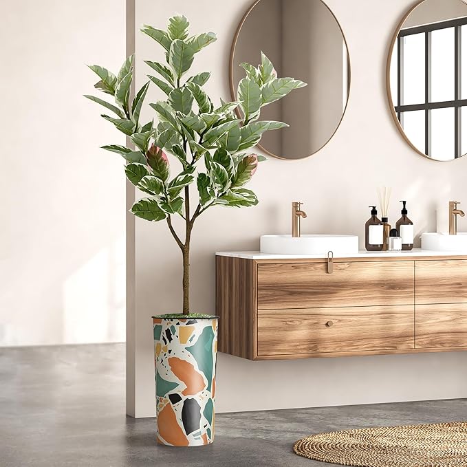 Artificial Tree in Modern Geometric Pattern Planter, Fake Rubber Silk TRE for Indoor and Outdoor Home Decoration - 70" Overall Tall (Plant Pot Plus Tree)