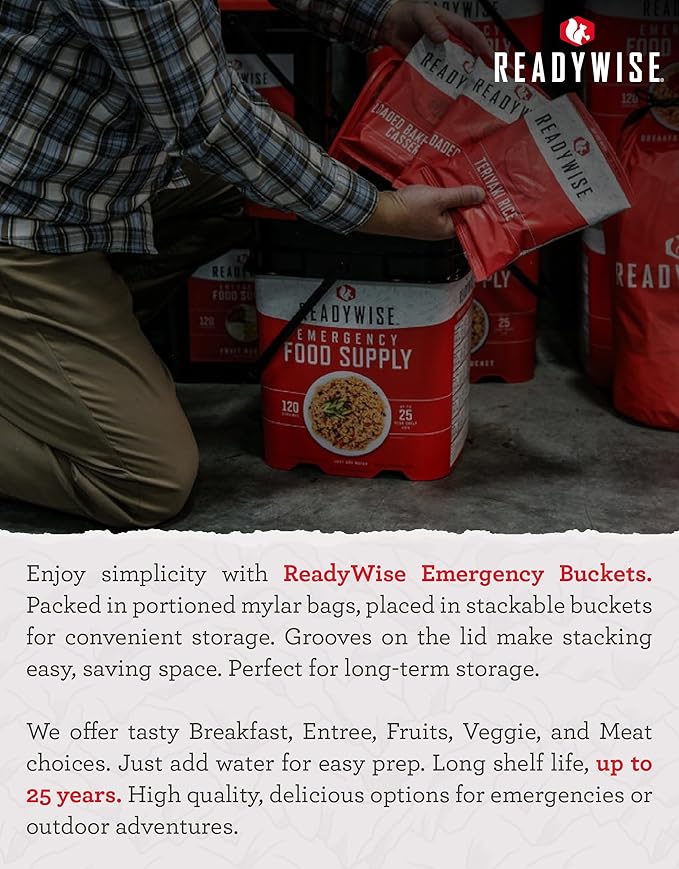 ReadyWise Emergency Food Supply - 90 Servings Organic Bucket, Protein Meals, Dehydrated & Freeze Dried Survival Food for Backpacking, Camping Essentials & Prepping Supplies, up to 25 Year Shelf Life