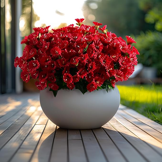 Artificial Morning Glory Flowers Plants for Outdoor 8 Pcs Faux Silk Petunias Flower Realistic Faux Flowers Plants for Outside Planter Porch Yard Patio Balcony Home Indoor Decor (8 Pcs Red)