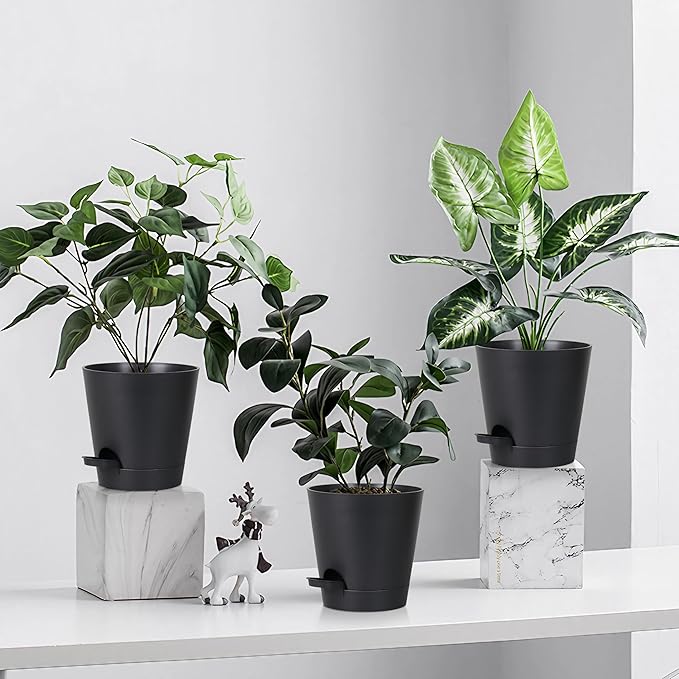 zople 5 Pack 5 inch Self-Watering Pots, African Violets Planter with Drainage Holes and Reservoir, Black Plastic Planter for Indoor Outdoor Plants Flowers and Houseplants Black, 5 inch 5 pcs