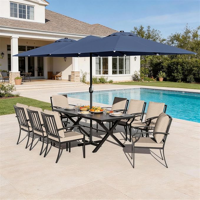 10-Pieces Patio Conversation Set,Metal Outdoor Furniture Set Includes 13.6FT Navy Umbrella,Hole Cut-Out 78.7" x 35.4" Table and 8 Metal Backrest Chairs for Backyard,Garden,Sand