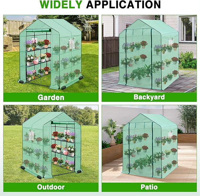 Yesker Greenhouse 57.5"x57"x77" Walk in Green House - Large Outdoor/Indoor Greenhouses with 8 Shelves Waterproof PE Cover & Windows, Portable Greenhouse Kit for Winter Backyard Gardening Patio, Green